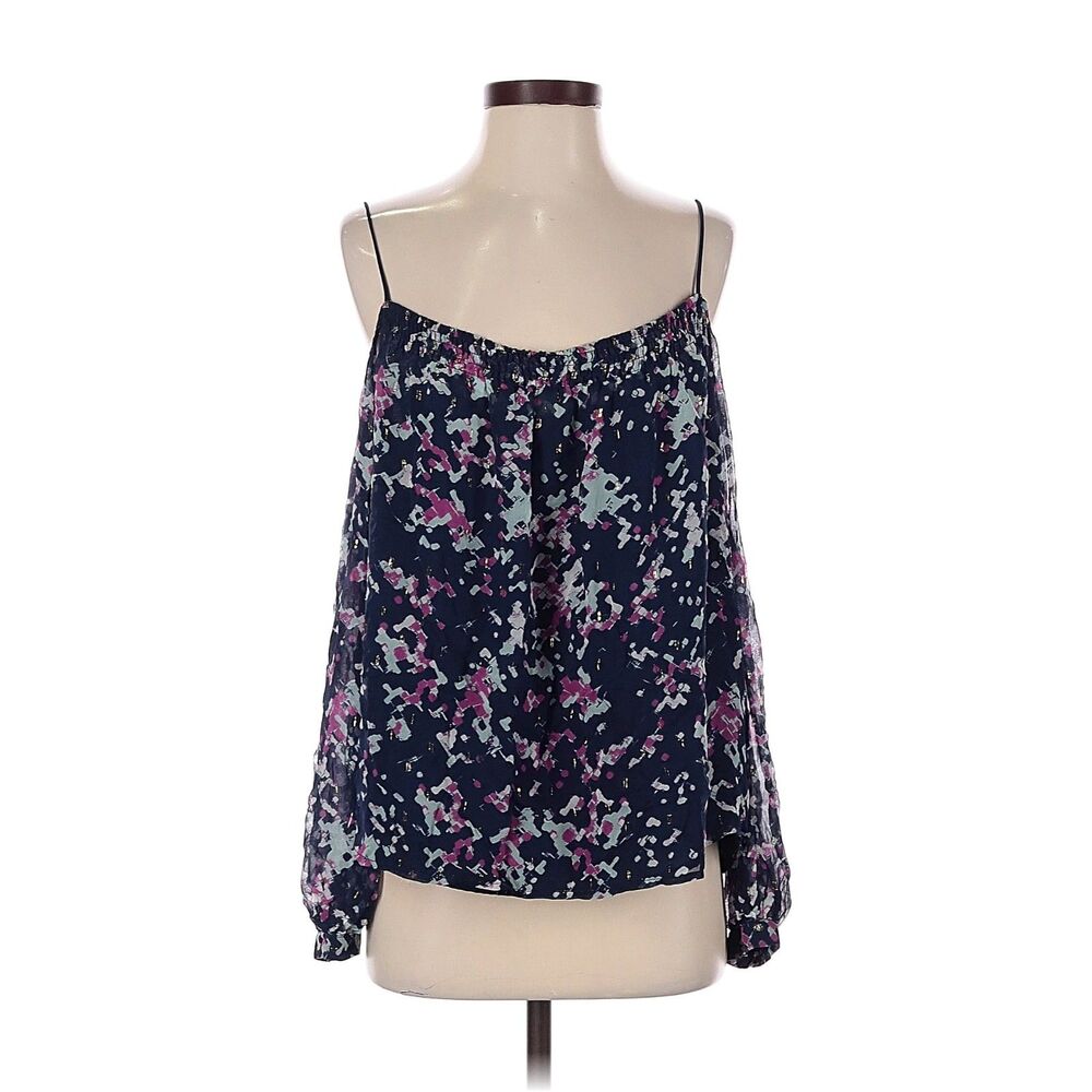 Greylin 100% Silk Navy Floral Cold Shoulder Top Womens S Sheer Sleeve Boho